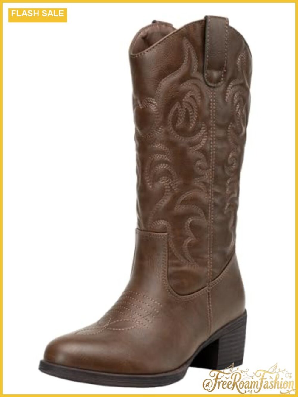 Women's Western Cowboy Boots Faux Leather Round Toe Mid Calf Pull On